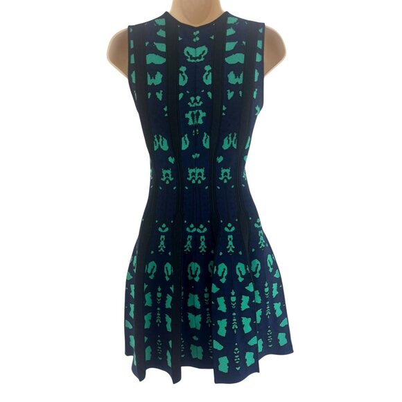 RVN Blue Green Soft Knit Fit & Flare Sweater Mini Dress Size S Party Career Work - Picture 3 of 7